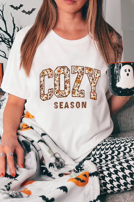 White COZY SEASON Floral Cracking Letter Graphic Tee
