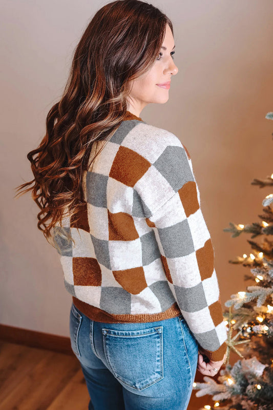 Brown Colorblock Checkered Drop Sleeve Plus Size Sweater