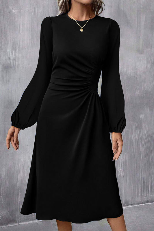 Black Plain Lantern Sleeve Midi Dress