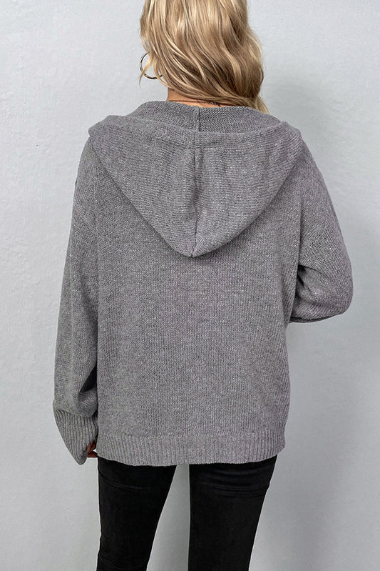 Medium Grey Hooded Button Up Drop Shoulder Sweater Cardigan