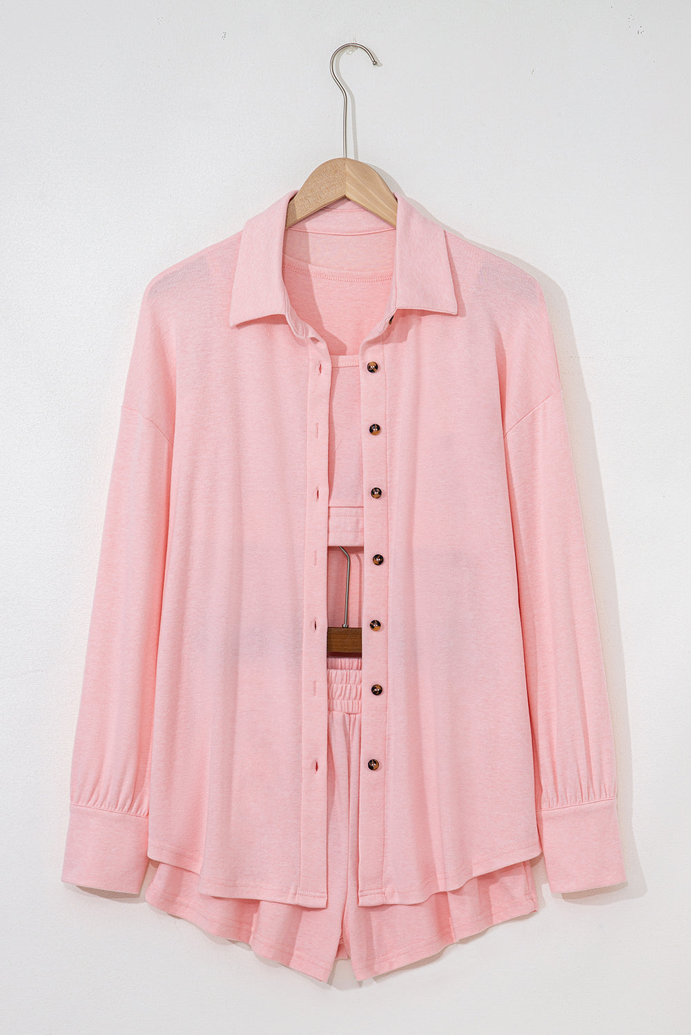 Black Shirred Hem Crop Tank Top Loose Shorts Cardigan 3 Piece Pajama Set