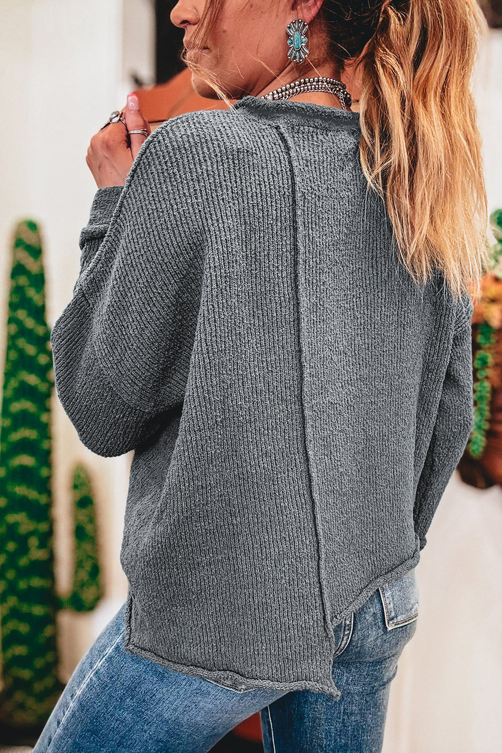Medium Grey Raw Edge Uneven Hem Patchwork Drop Shoulder Sweater
