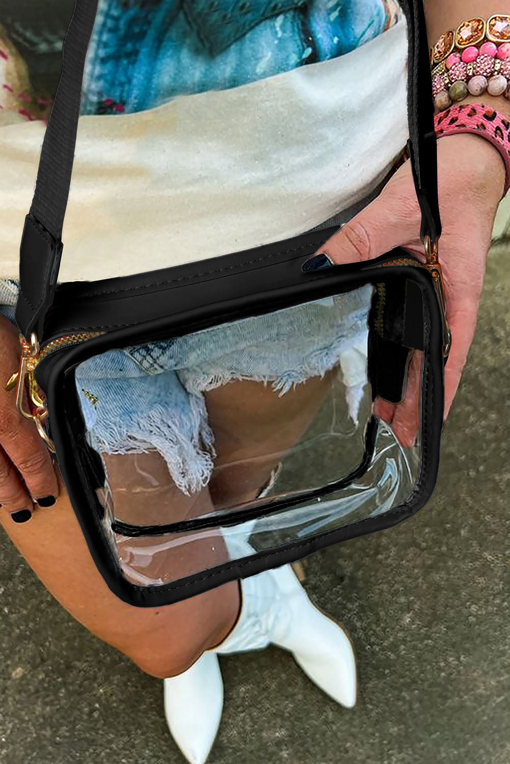 Black Clear PVC Wide Strap Crossbody Bag