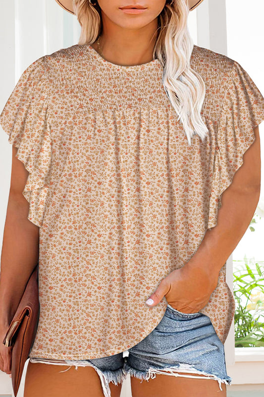 Apricot Plus Size Smocked Ditsy Floral Ruffle Blouse