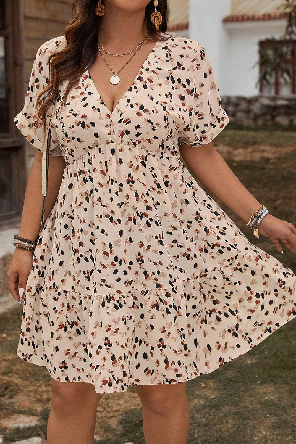 Beige Abstract Print Surplice V Neck Cuffed Sleeve Empire Waist Plus Size Dress