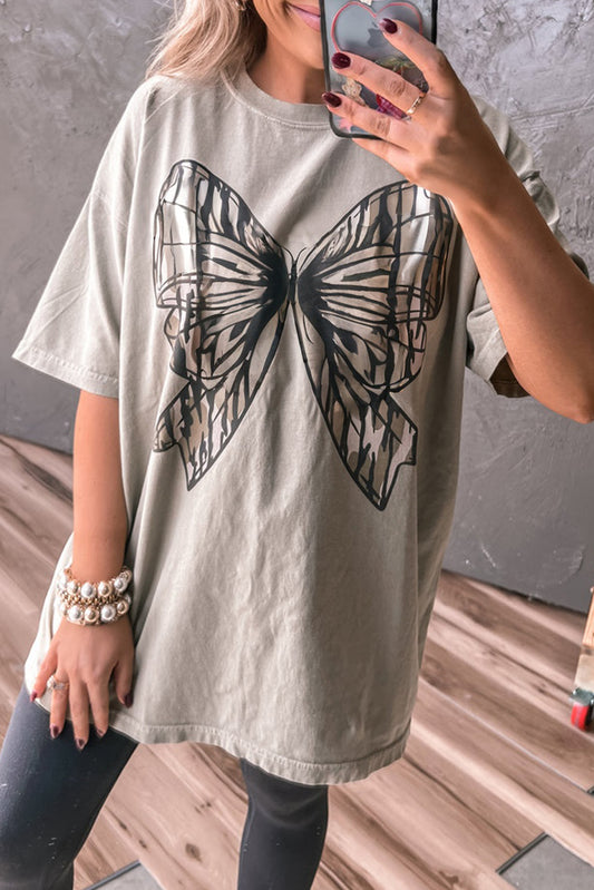 Laurel Green Big Bow Print Drop Shoulder Oversized Tee