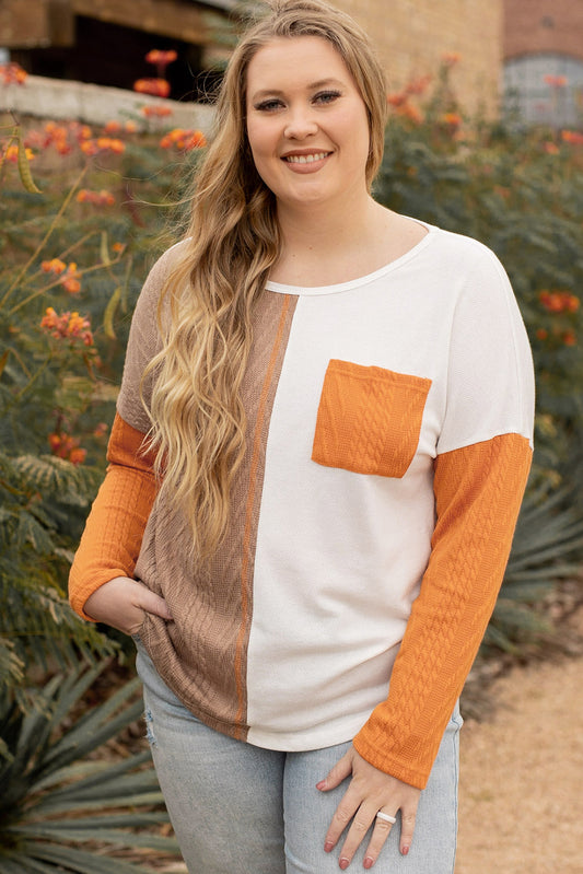 Chestnut Plus Size Pocket Textured Patchwork Top