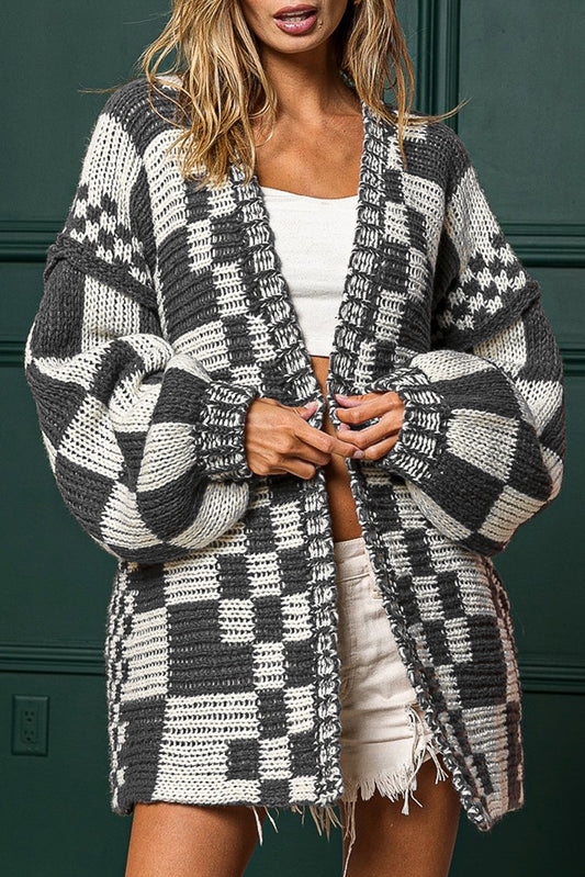 Dark Grey Colorblock Checked Loose Fit Open Front Knitted Cardigan